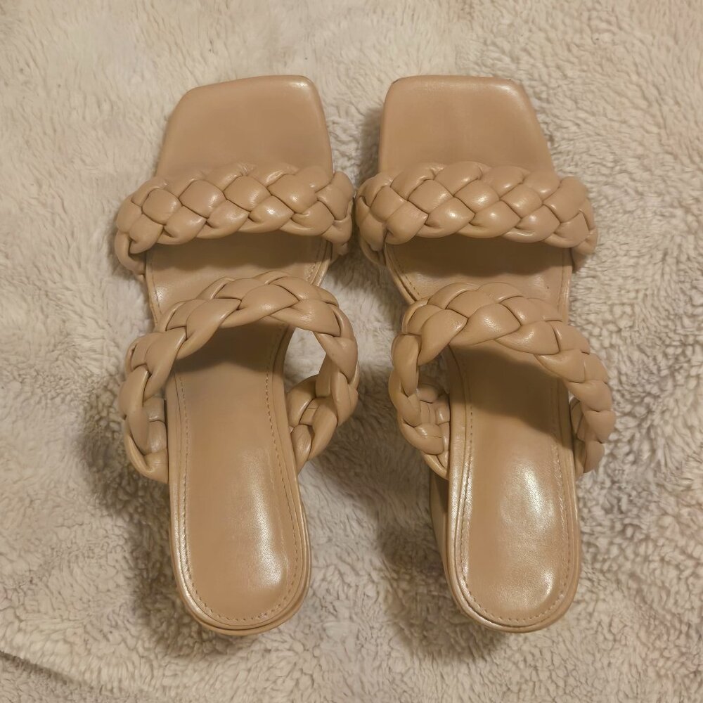 Women's Woven High-Heeled Sandals, Square-Toe, Open-Back, Thick-Heeled Size 6.5